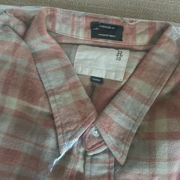 NWT R13 Shredded Seam Flannel Drop Neck Shirt Washed-Out Red/Khaki Plaid XLarge - Picture 11 of 15